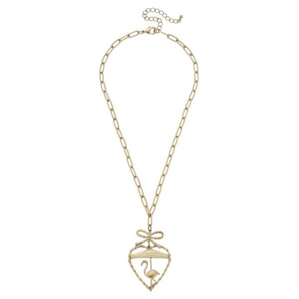 Flamingo And Bamboo Heart Pendant Chain Link necklace